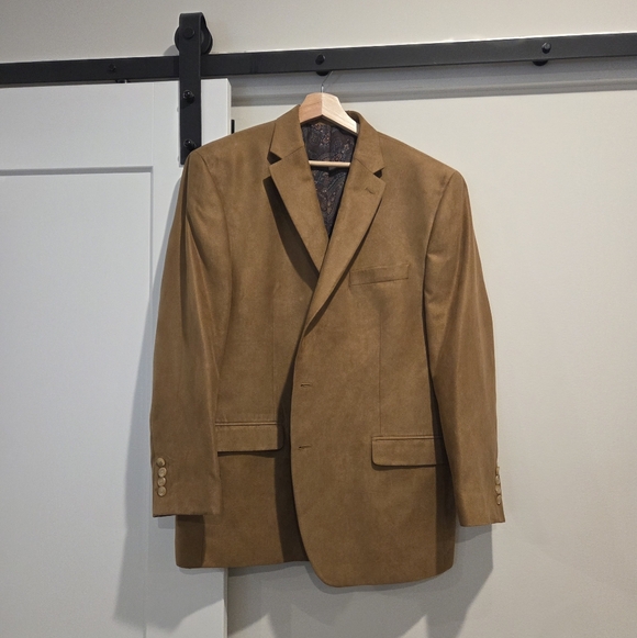 L.A. Attitude Brown Paisley Satin Lined Tan Ultra-Suede Suit Jacket sz 44reg